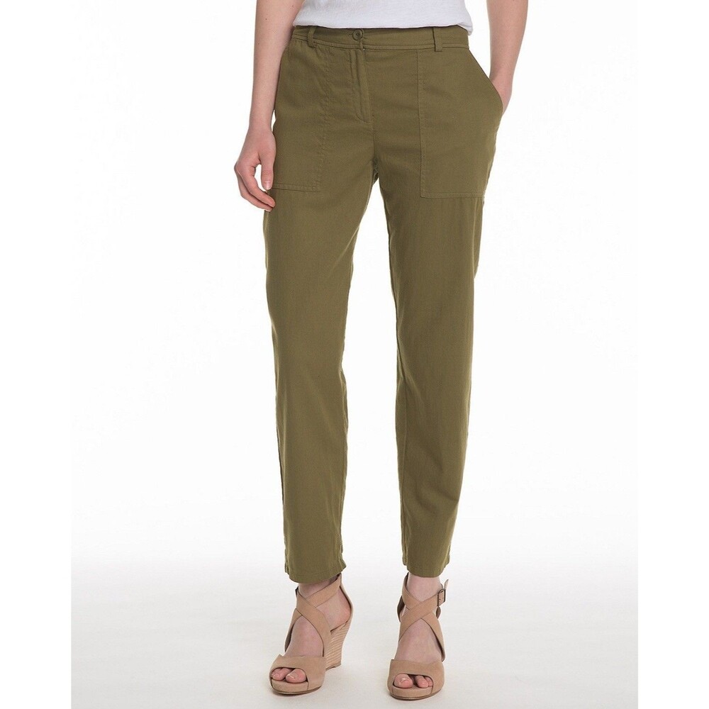EILEEN FISHER Org Cotton Twill Pants 12 Green Olive Tapered Lightweight EUC B47